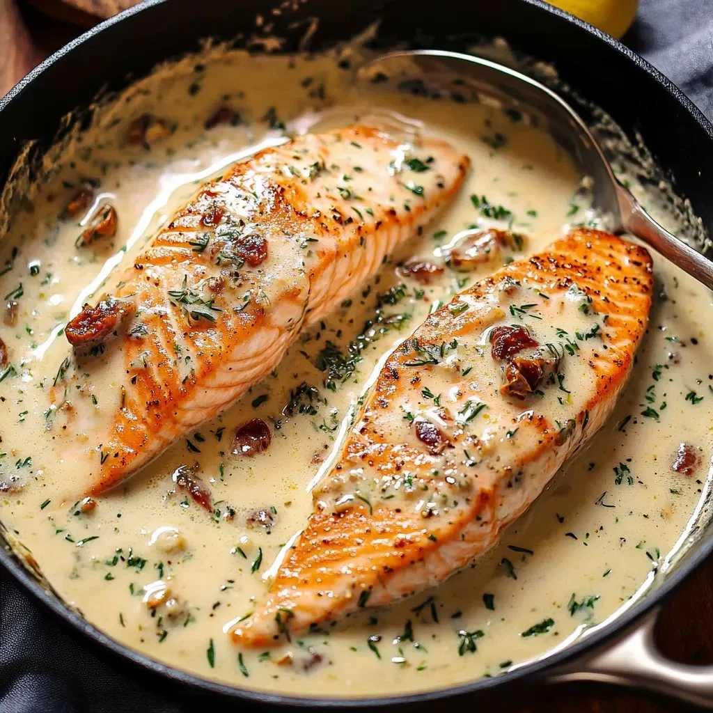 Garlic Butter Parmesan Salmon with herbs and lemon served on a plate