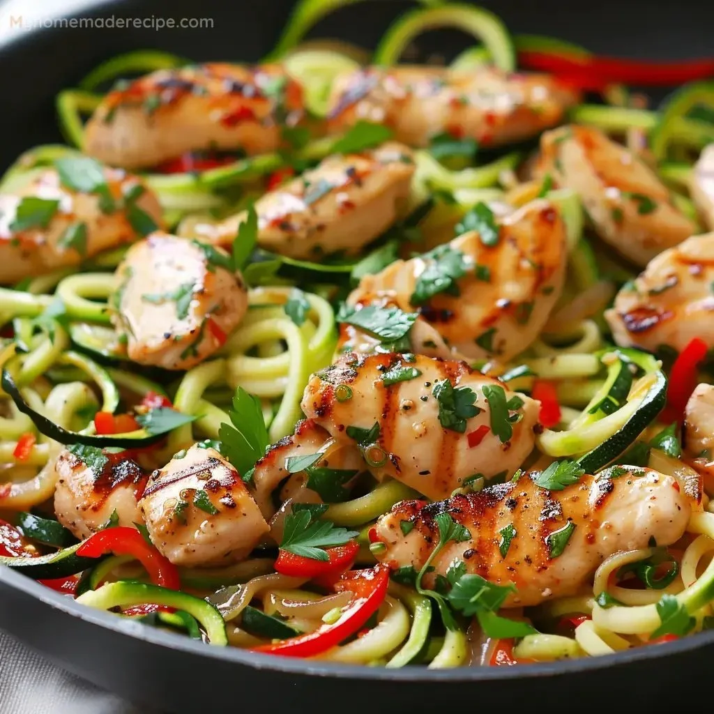 A vibrant plate of Garlic Chicken Zucchini Noodles topped with herbs.