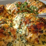 Garlic Parmesan Chicken Bake topped with herbs and cheese, served on a plate