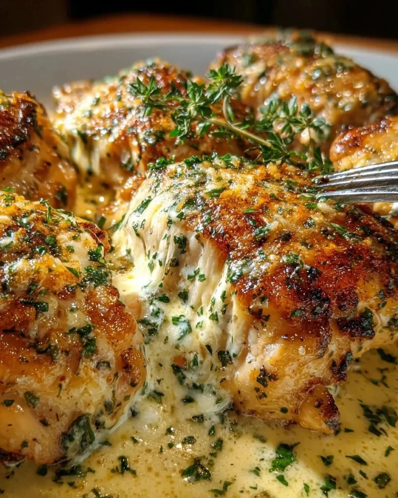 Garlic Parmesan Chicken Bake topped with herbs and cheese, served on a plate