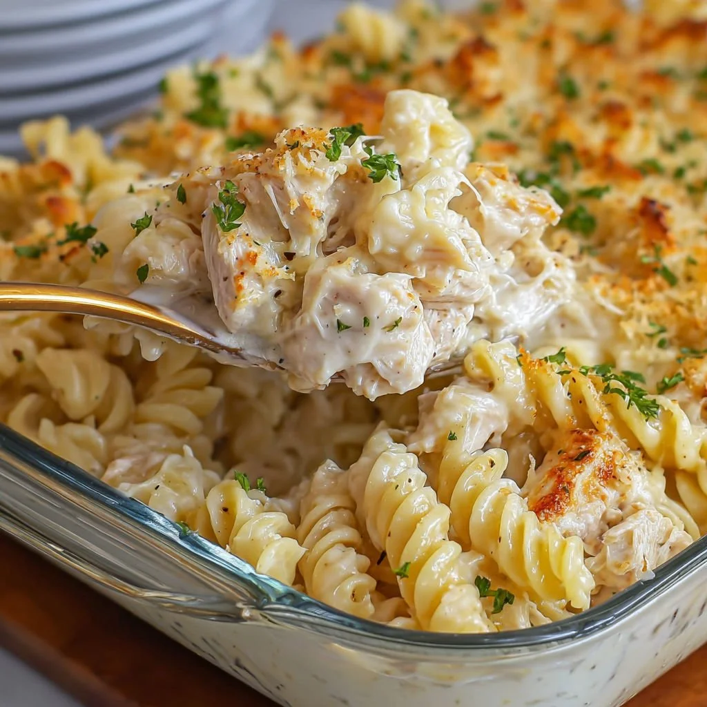 Baked Garlic Parmesan Chicken Pasta served in a dish with melted cheese and fresh herbs