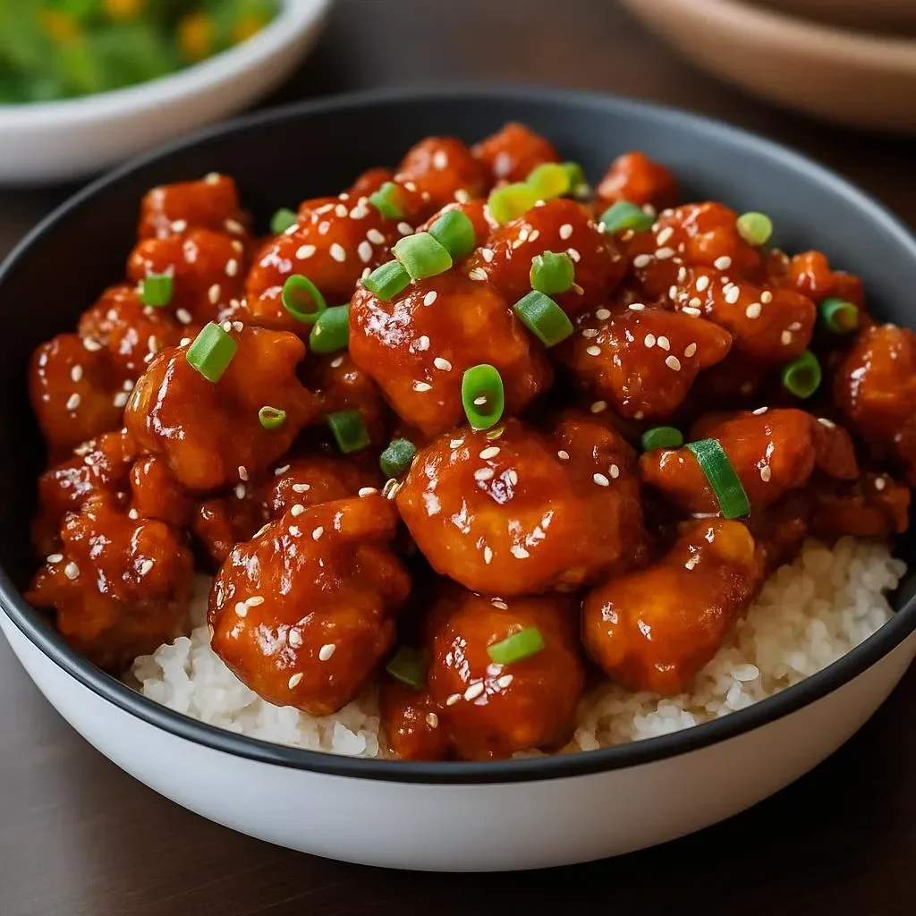 Plate of General Tso's Chicken garnished with green onions and sesame seeds.