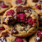Gooey raspberry chocolate chunk cookies on a cooling rack