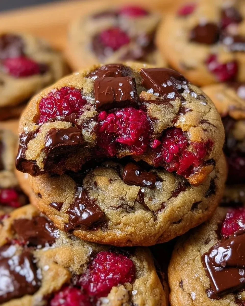 Gooey raspberry chocolate chunk cookies on a cooling rack