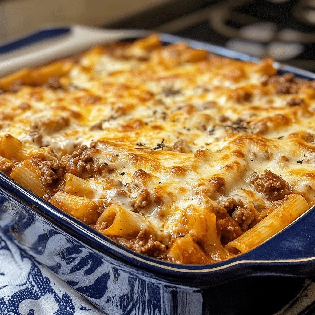 Delicious Greek Baked Ziti with Ground Beef and Mozzarella served in a dish