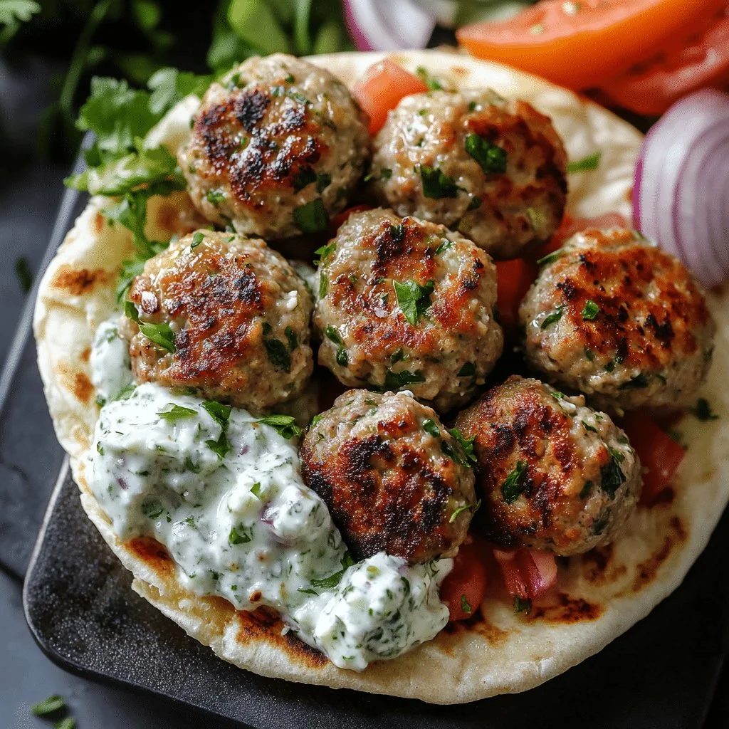 Greek Turkey Meatball Gyro with Tzatziki sauce served in pita bread.