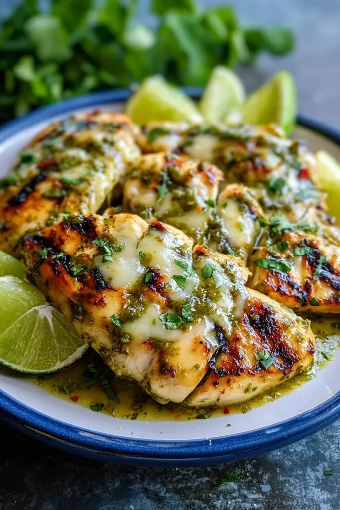 Grilled salsa verde chicken with vibrant green sauce and garnishes.