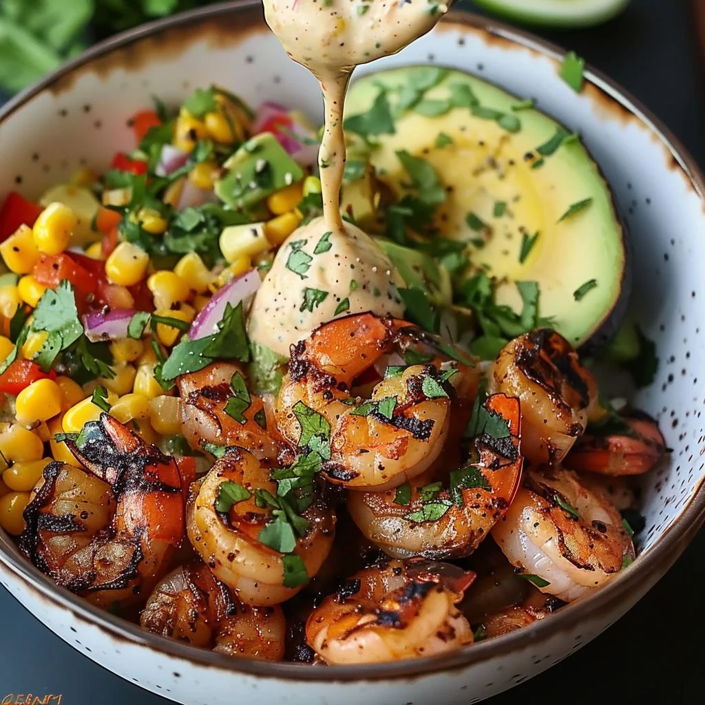 Delicious grilled shrimp served with avocado corn salsa on a plate