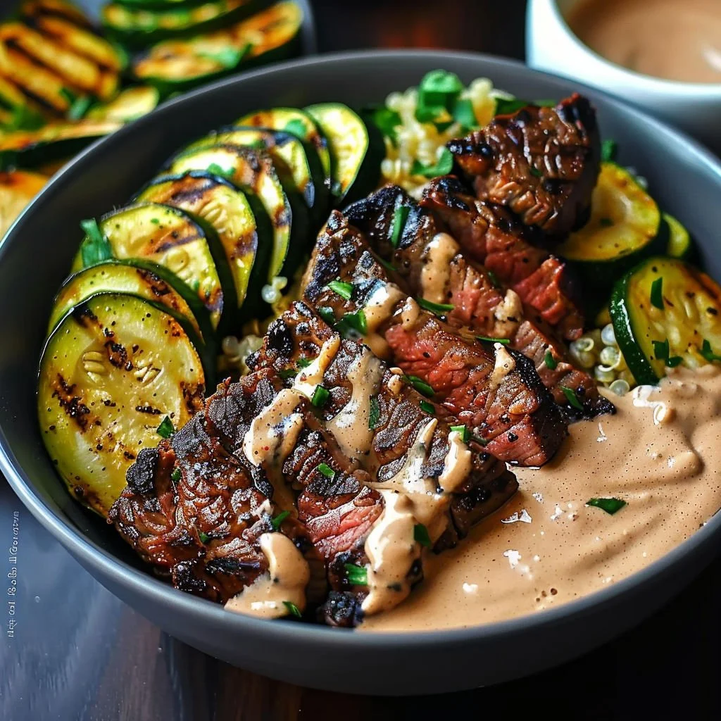 Delicious grilled steak served in a creamy zucchini bowl