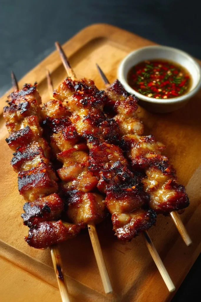 Grilled Thai coconut chicken skewers garnished with fresh herbs