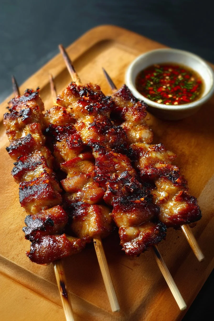 Grilled Thai coconut chicken skewers garnished with fresh herbs