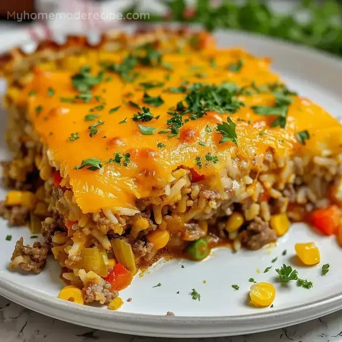 Ground beef casserole served in a baking dish with cheese topping