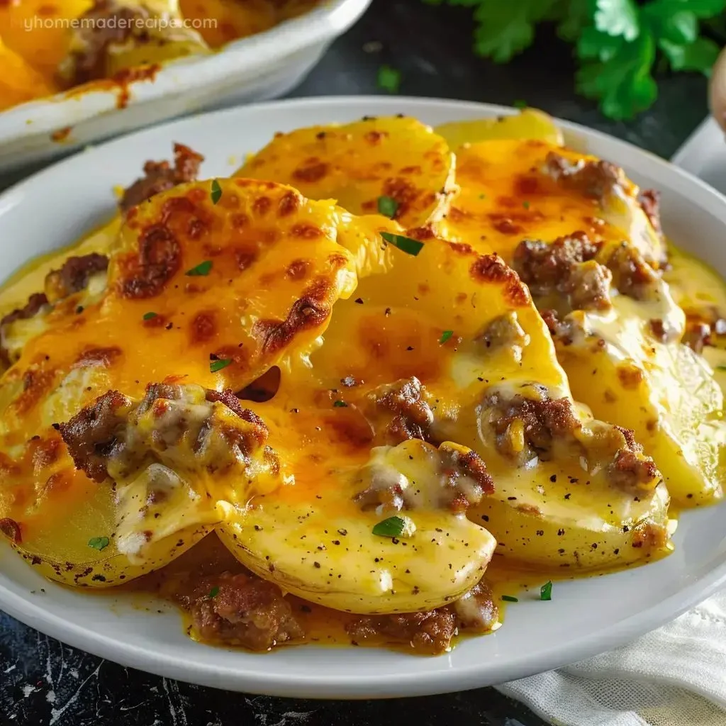 Delicious Hamburger Potato Casserole topped with melted cheese and fresh herbs