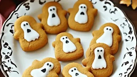 Close-up of spooky ghost pumpkin cookies decorated for Halloween