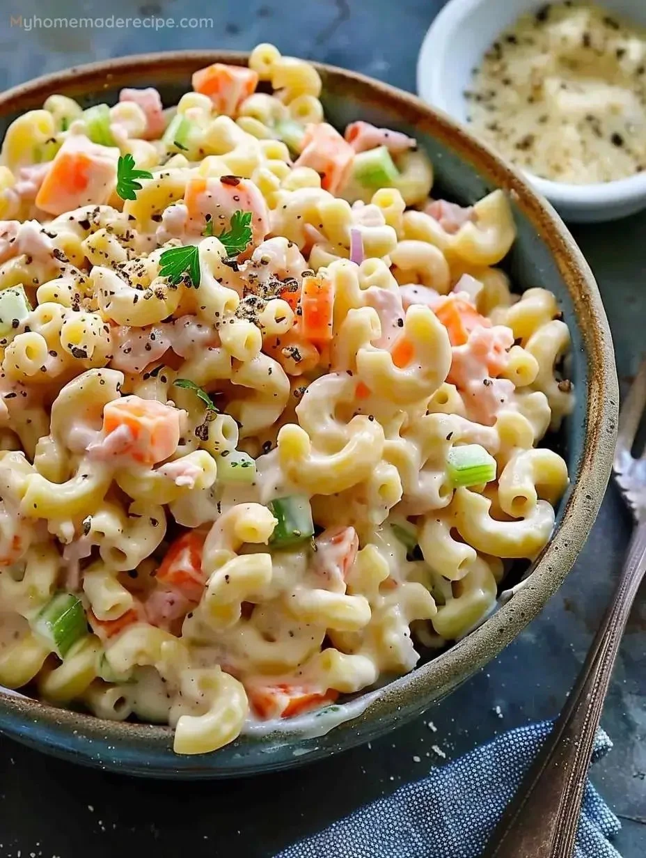 Delicious Hawaiian Macaroni salad served in a bowl with fresh ingredients