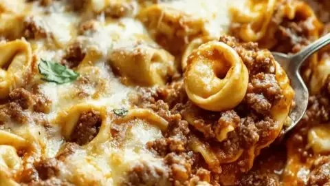 Delicious Beefy Tortellini Bake served in a casserole dish, ideal for family meals.
