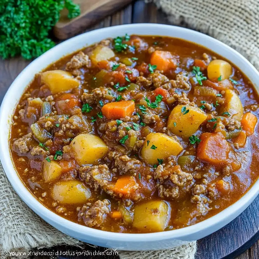 A bowl of hearty hamburger stew with vegetables and spices, ready to enjoy.