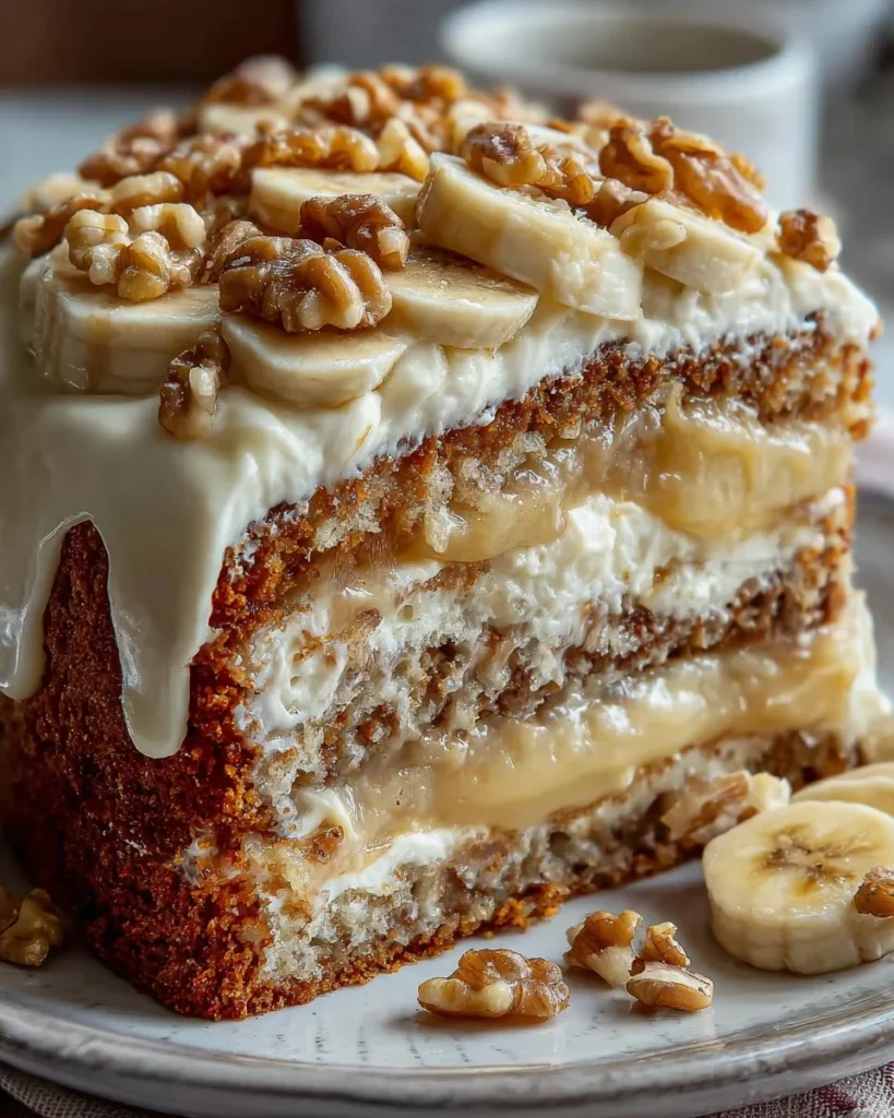 Heavenly Banana Walnut Cream Cake topped with walnuts and cream
