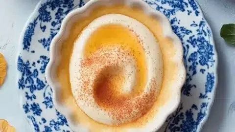 Bowl of creamy Rømmegrøt, a traditional Norwegian dish garnished with cinnamon and sugar.