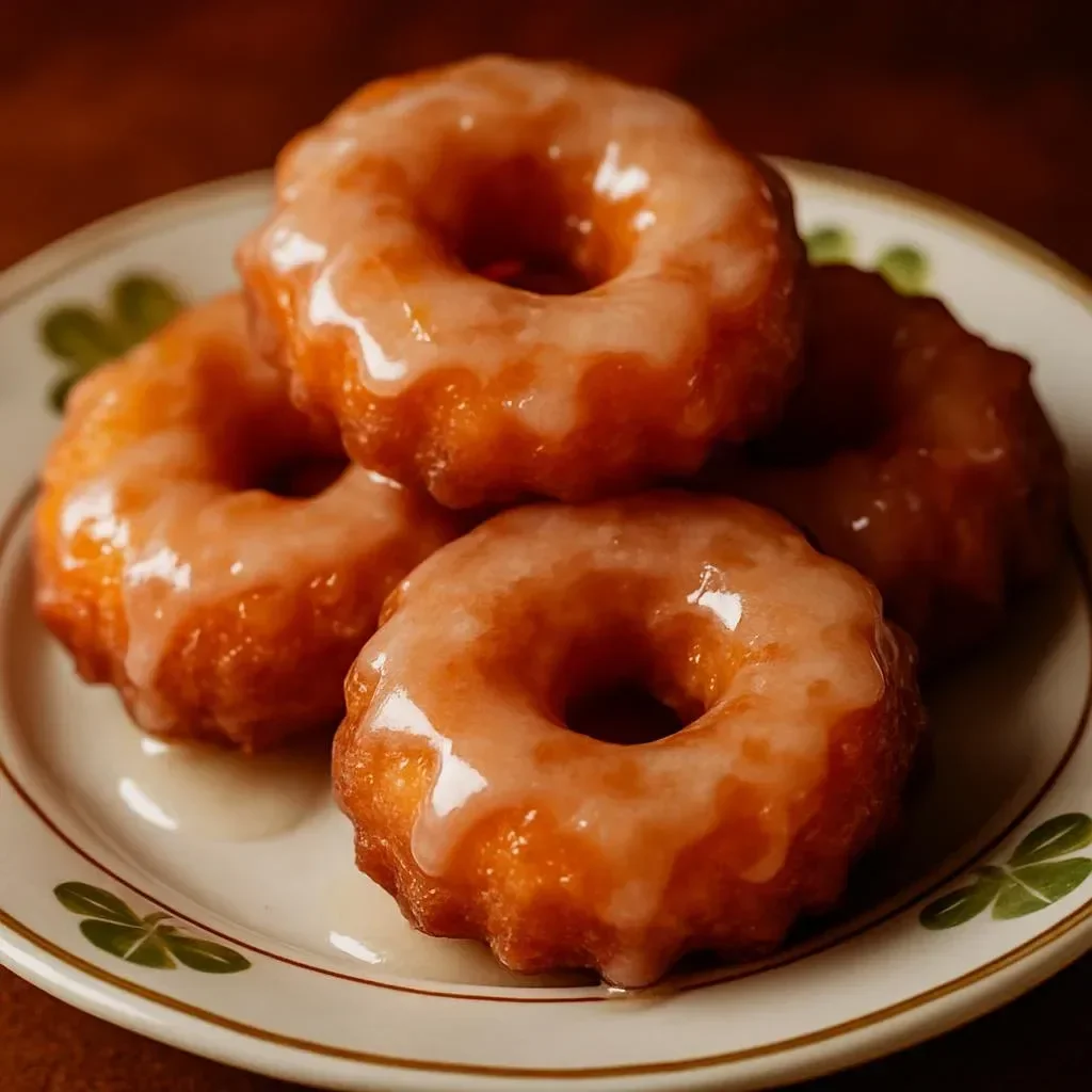 Homemade apple fritters topped with cinnamon glaze on a plate