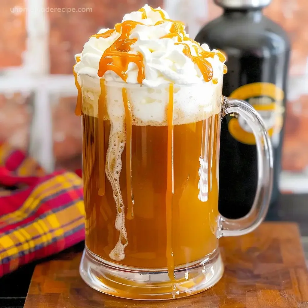 A mug of homemade butterbeer topped with frothy whipped cream.