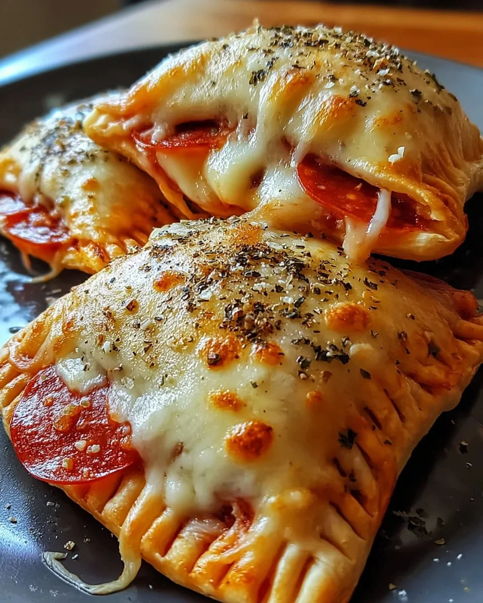Homemade easy cheesy pizza pockets filled with gooey cheese and toppings
