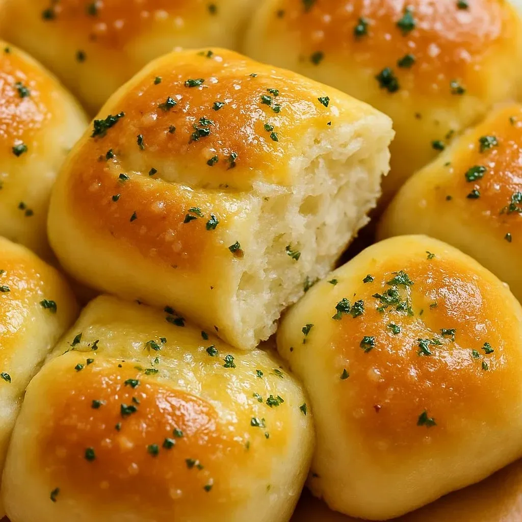 Freshly baked homemade garlic bread rolls on a wooden table