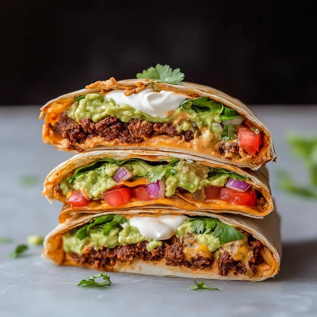 Homemade Vegan Crunchwrap Supreme with fresh vegetables and plant-based filling