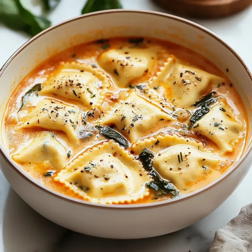 Indulgent creamy Tuscan Ravioli Soup in a cozy bowl