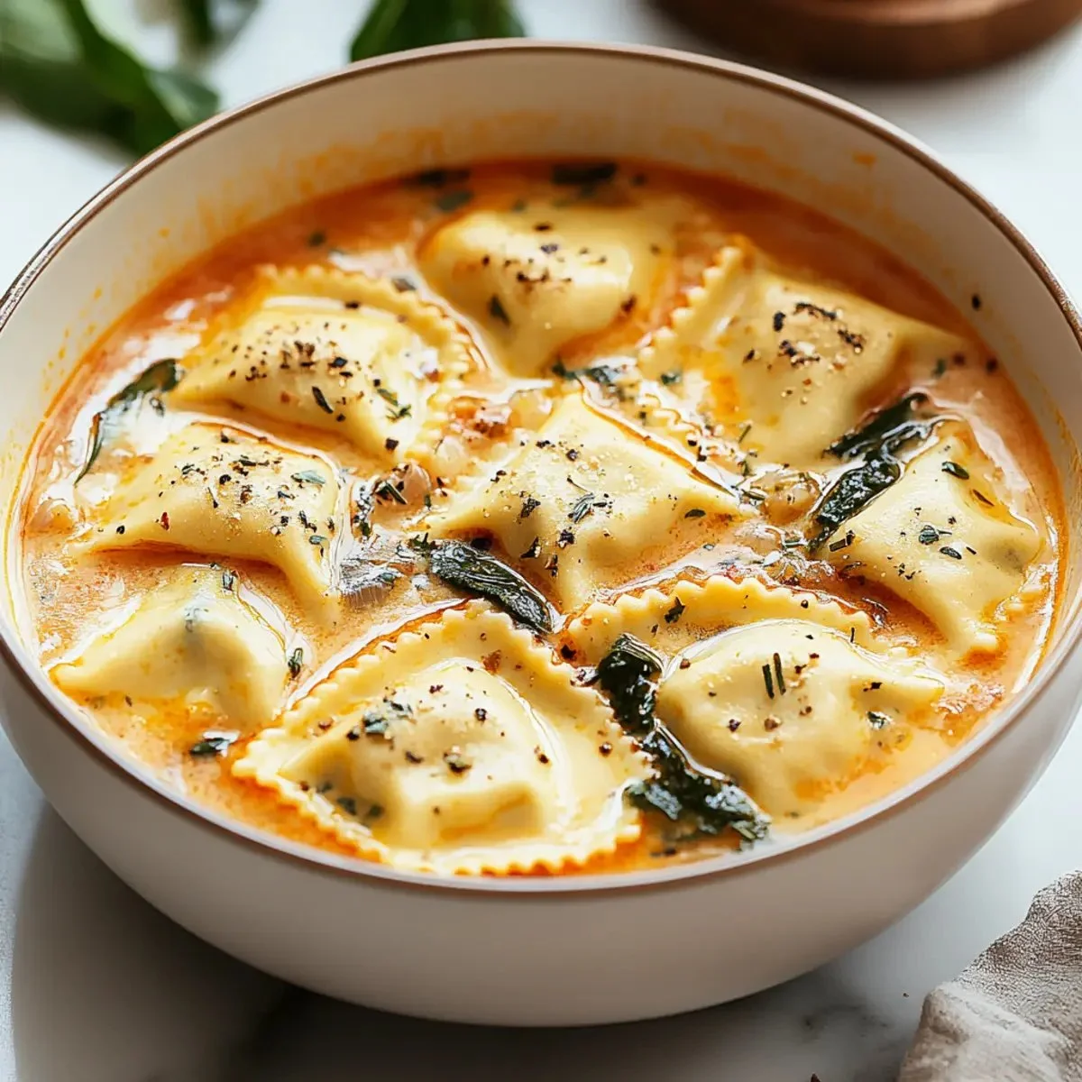 Indulgent creamy Tuscan Ravioli Soup in a cozy bowl