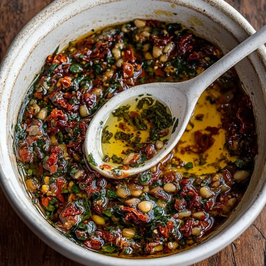Indulgent sun-dried tomato olive oil bread dip served in a bowl with bread slices.