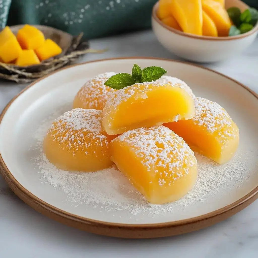 Delicious mango mochi dessert served on a plate with fresh mango slices.