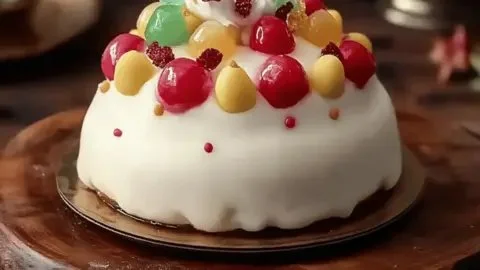 Gulkand trifle dessert layers in a glass with fruits and cream.