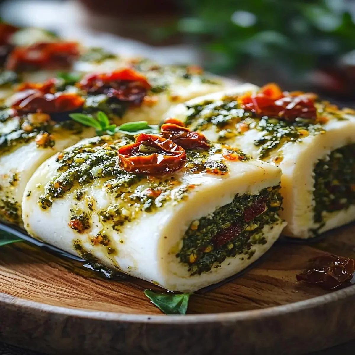 Creamy cheese log topped with pesto and sun-dried tomatoes, ready to serve.