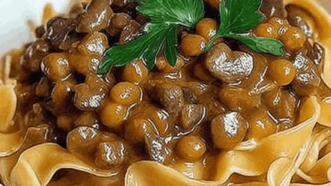 Creamy Lentil Mushroom Stroganoff served with a garnish, showcasing its rich texture.