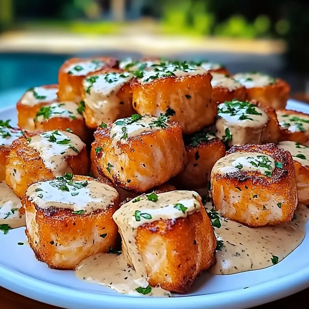 Crispy Bang Bang Salmon Bites served on a plate with dipping sauce
