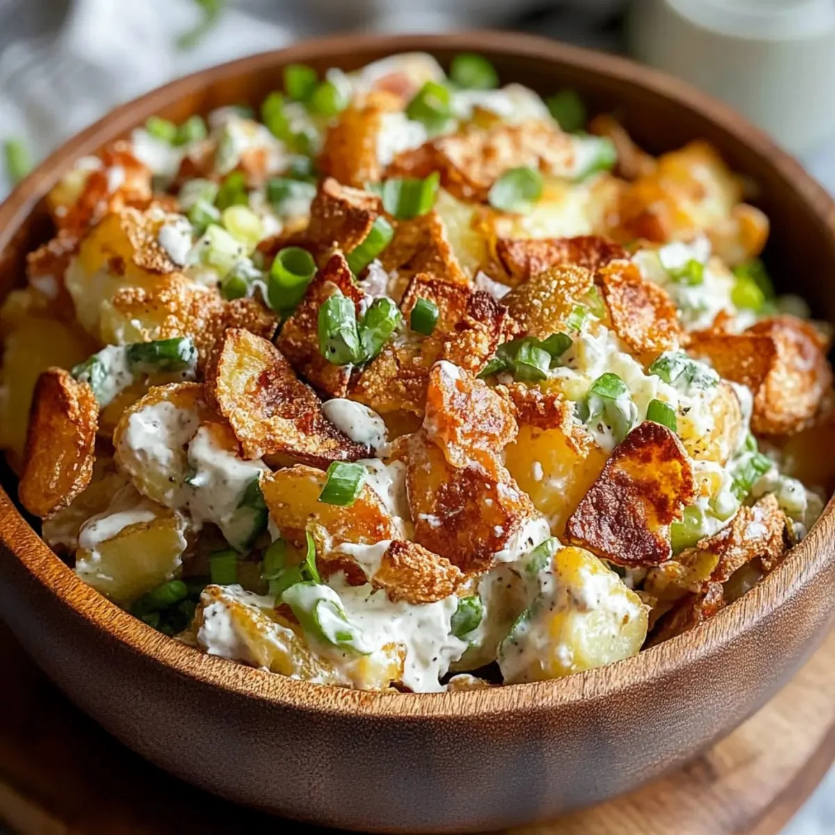 Crispy smashed potato salad with a tangy dressing and fresh herbs.