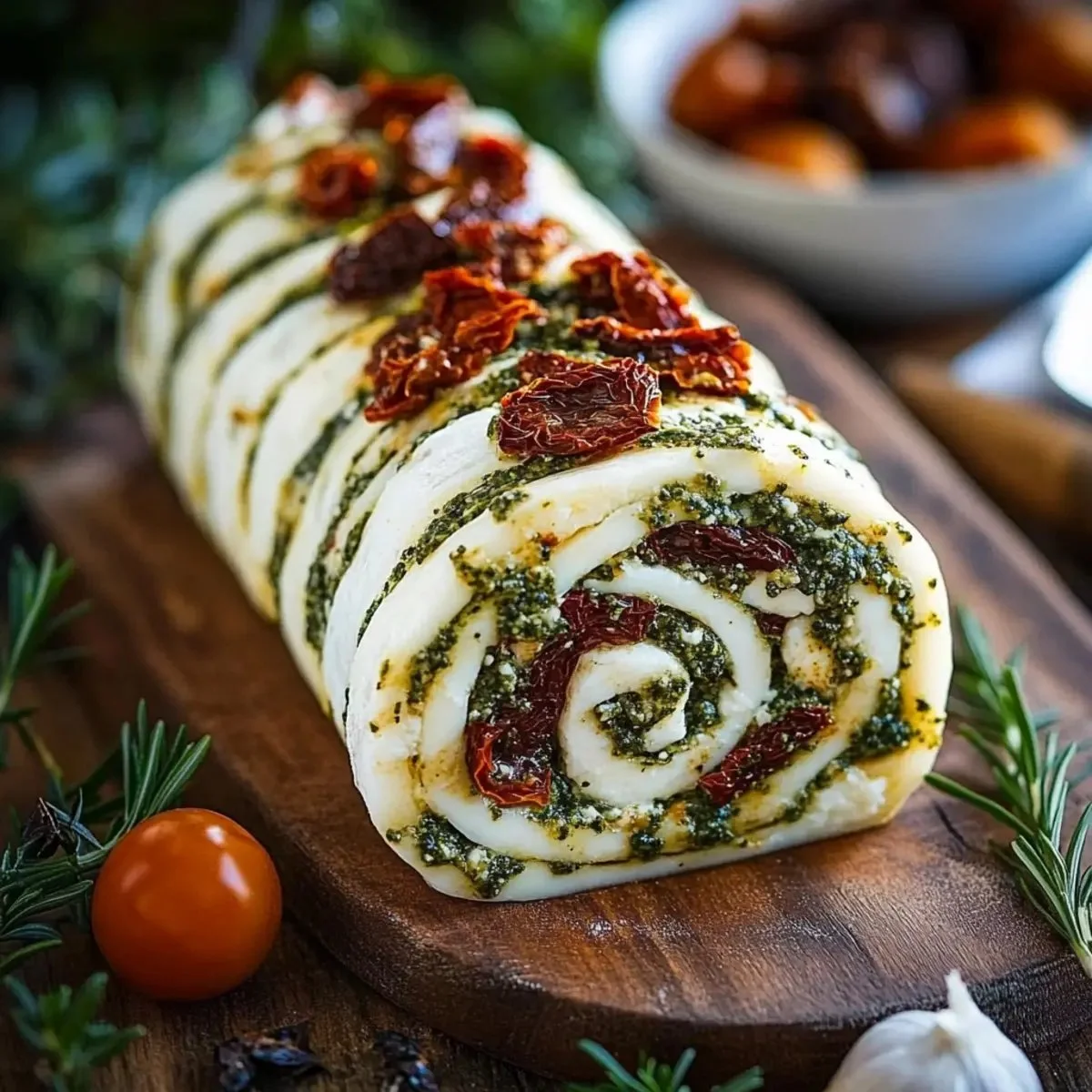 Delicious cheese log with pesto and sun-dried tomatoes on a wooden platter