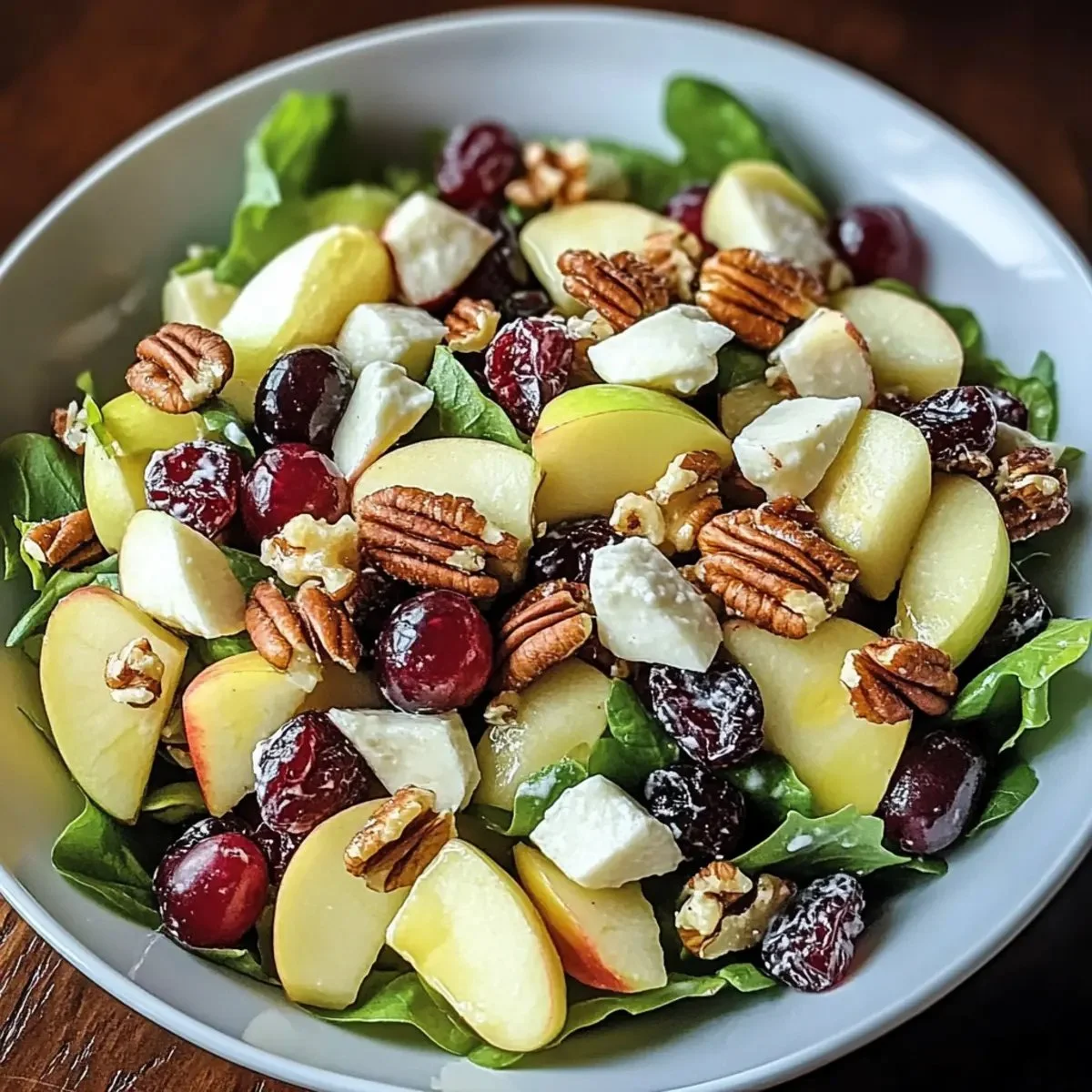 Delicious apple salad featuring grapes, pecans, and cranberries in a colorful bowl.