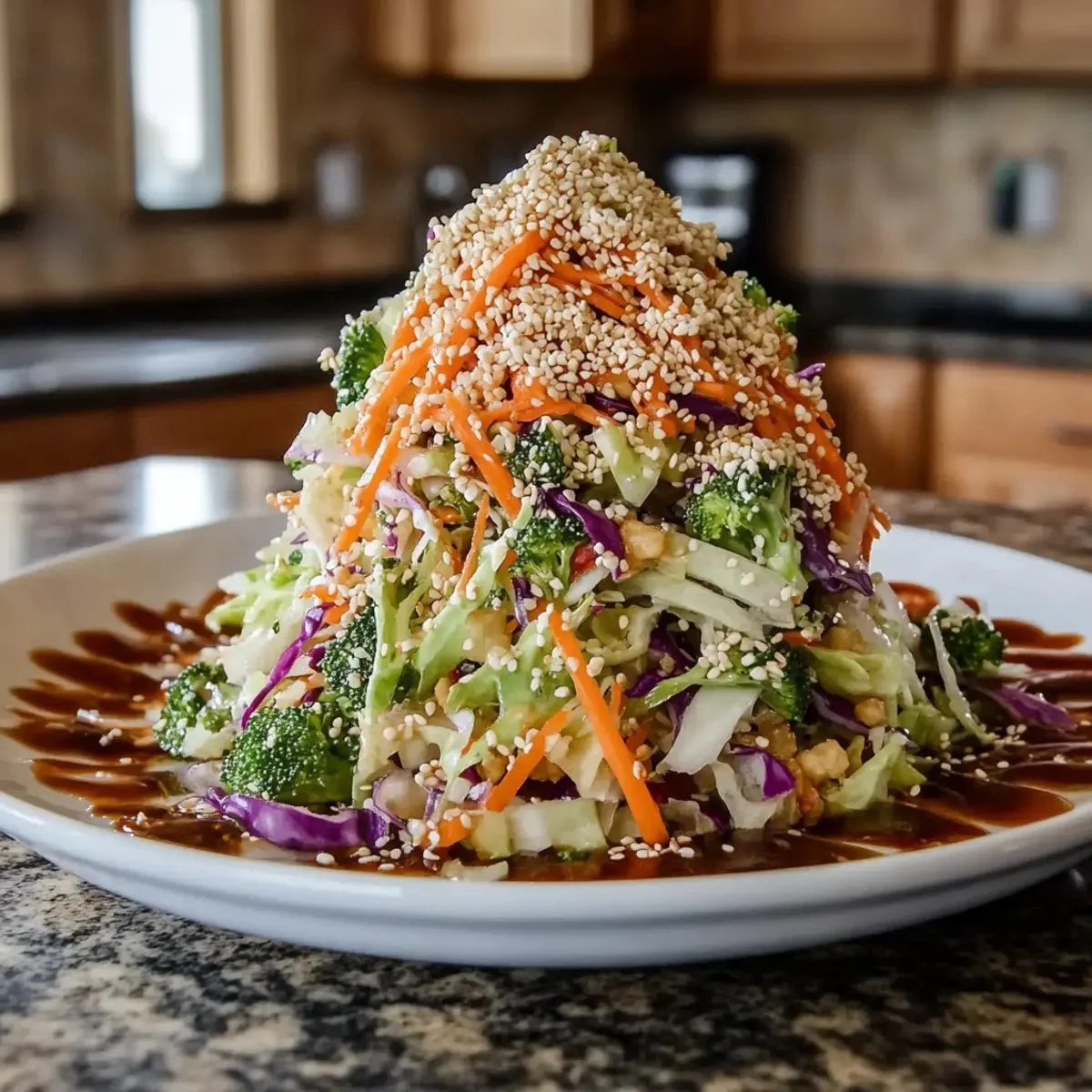 Bowl of Asian cabbage slaw with colorful vegetables and sesame dressing