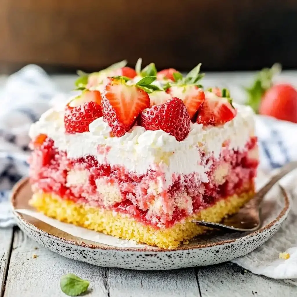 Irresistible strawberry earthquake cake topped with gooey frosting