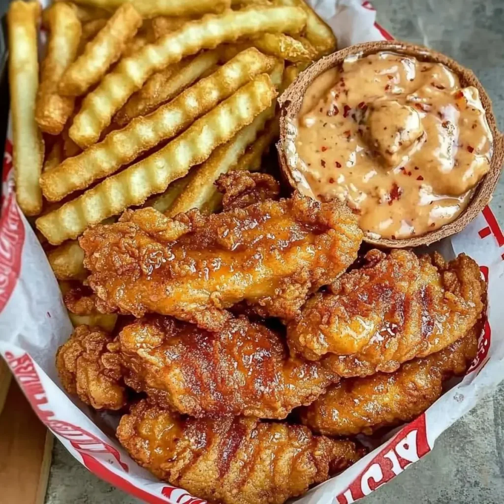 Juicy copycat Cane's chicken tenders served with dipping sauce