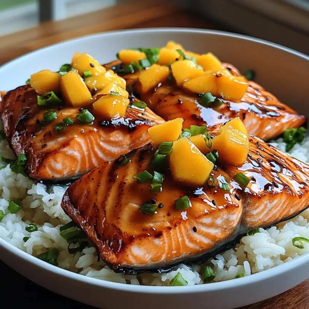 Juicy mango teriyaki salmon fillet garnished with fresh herbs and served with rice.