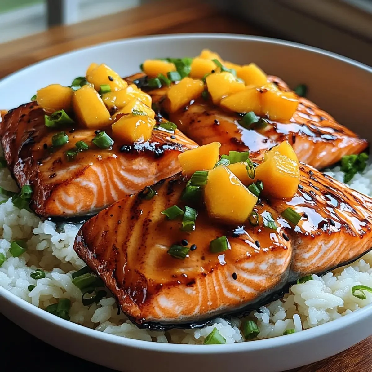Juicy mango teriyaki salmon fillet garnished with fresh herbs and served with rice.