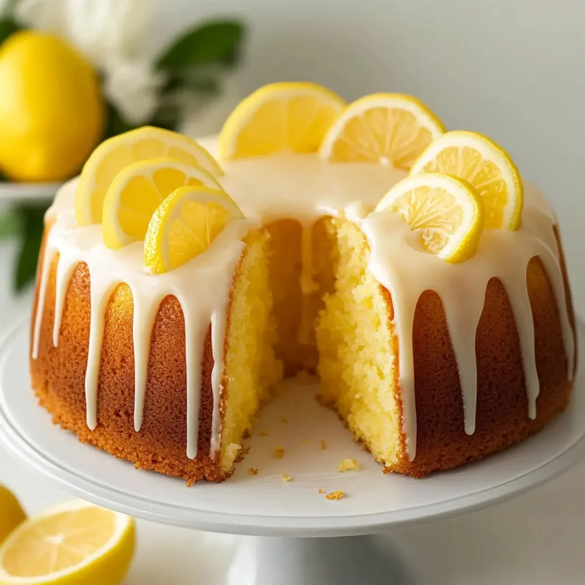Irresistibly moist lemon cake topped with fresh lemon slices and icing