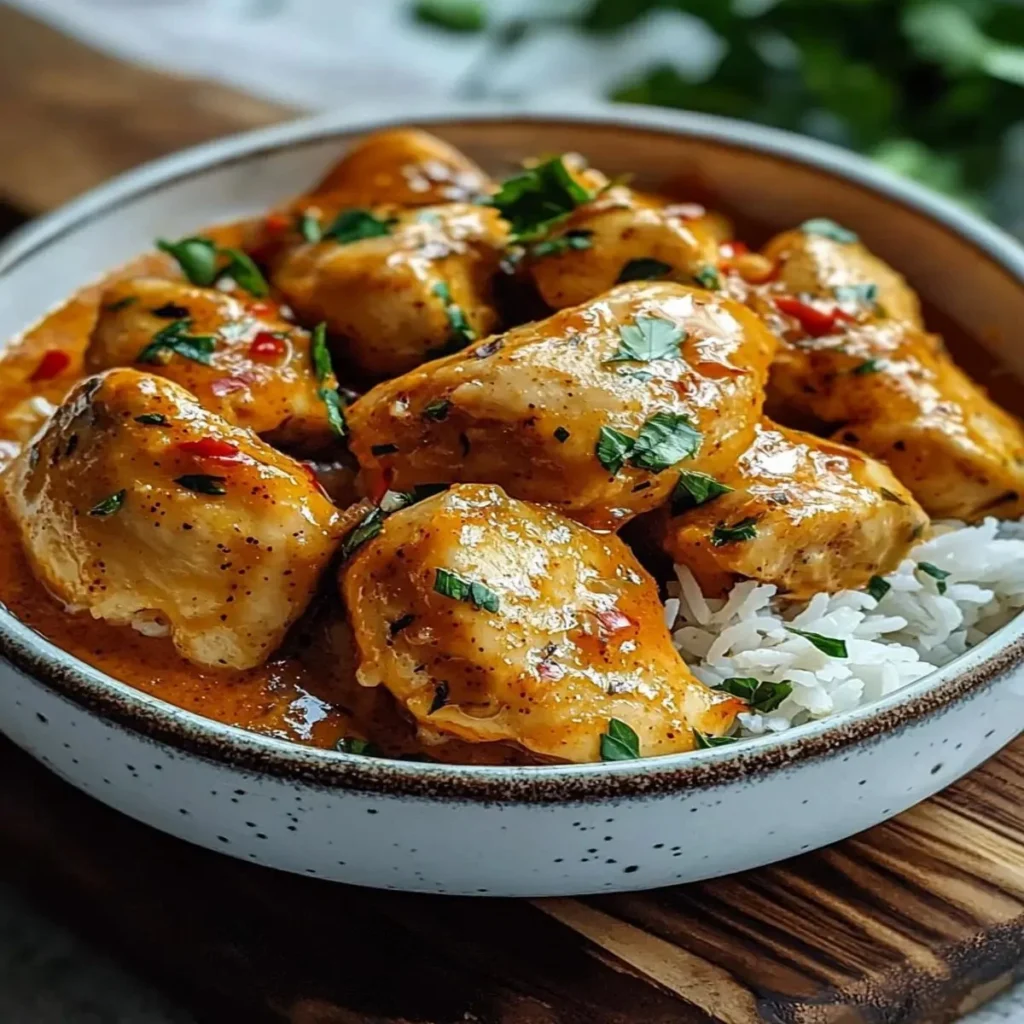 Spicy Brazilian Coconut Chicken garnished with herbs and lime on a plate.
