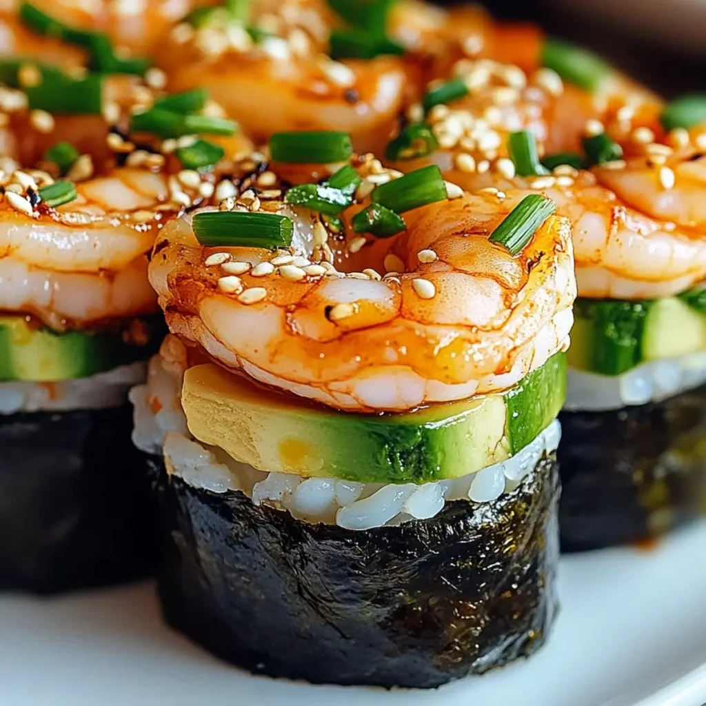 Irresistibly spicy shrimp sushi stacks with vibrant ingredients arranged beautifully.