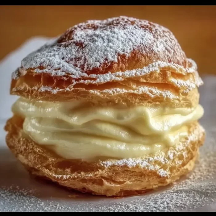 Delicious Italian cream puffs filled with creamy custard and topped with powdered sugar