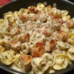 Delicious bowl of Italian Parmesan Chicken Tortellini garnished with herbs.
