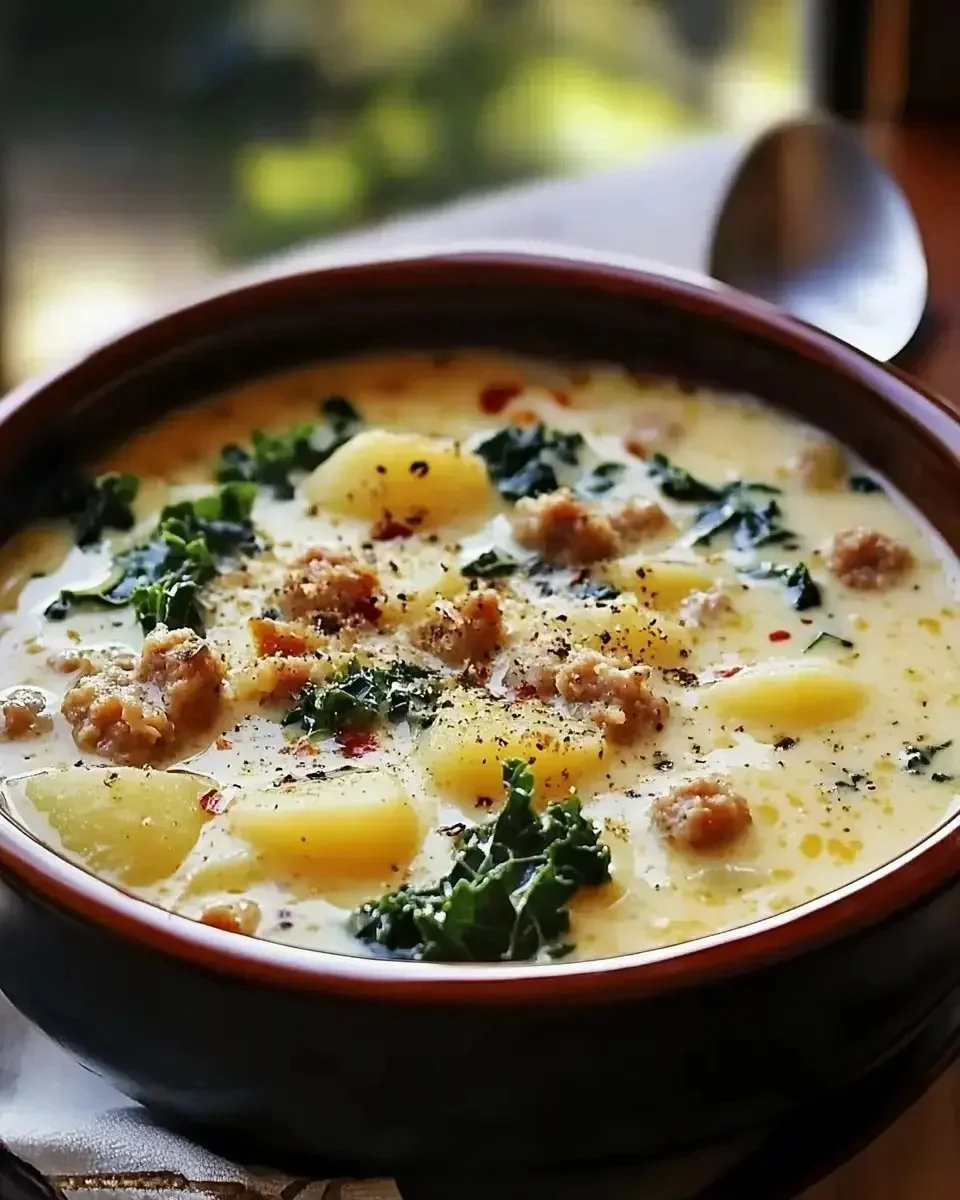 Delicious bowl of Italian Sausage Soup garnished with herbs and spices.